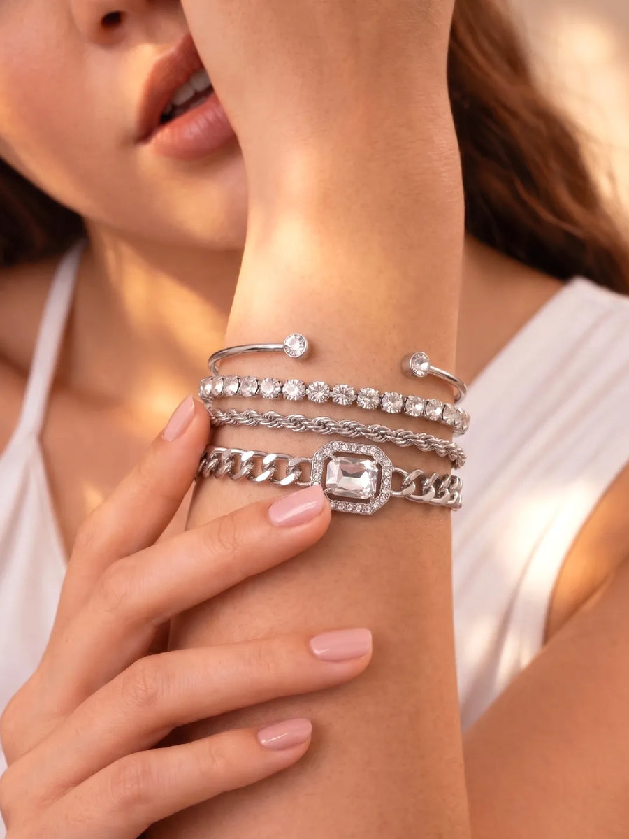 Peora White Layered Bracelet Set - Silver
