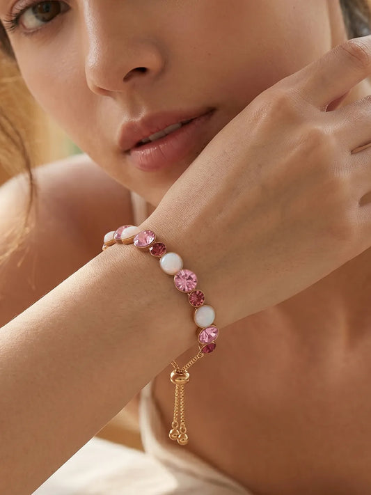 Peora Pink Crystal Beads Slider Bracelet - Gold