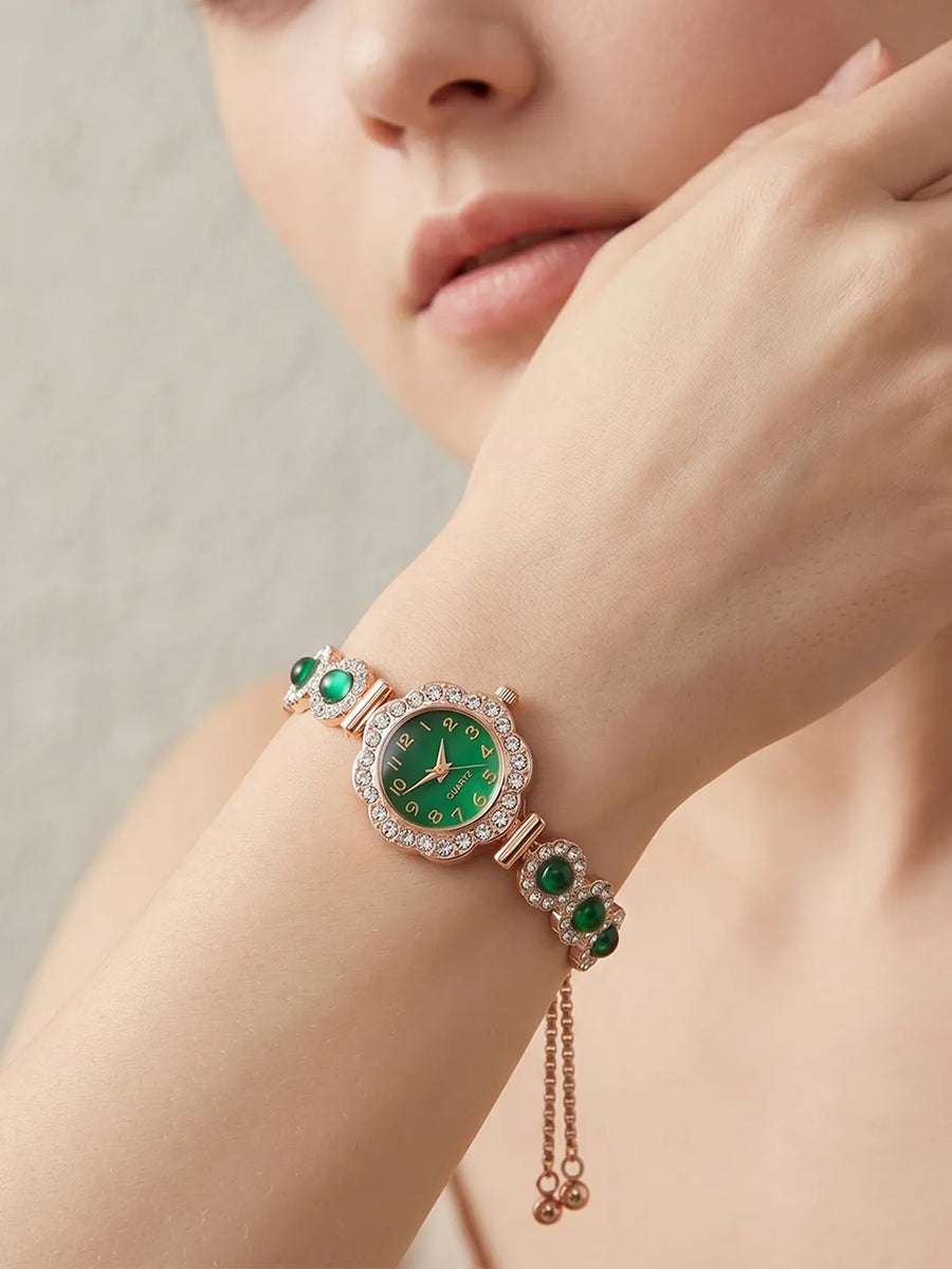 Peora Emerald Stone Bracelet Watch - Rose Gold
