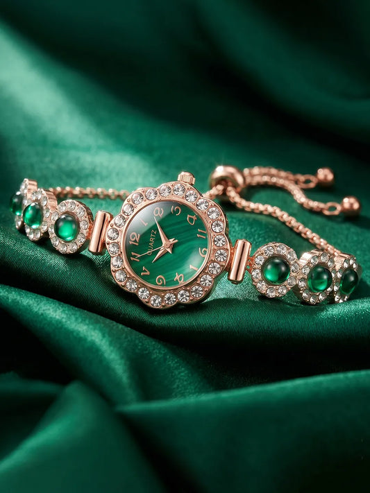Peora Emerald Stone Bracelet Watch - Rose Gold