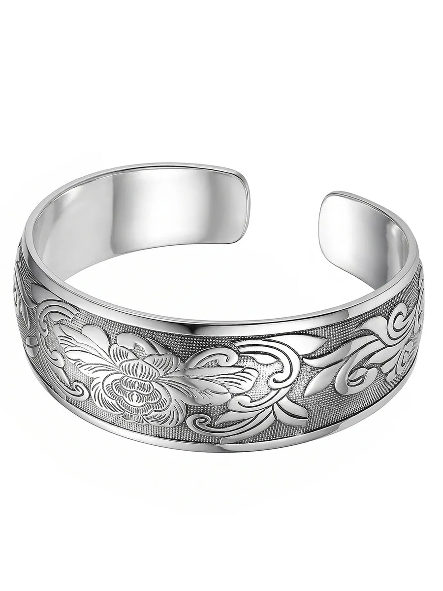 Peora Floral Oxidised Engraved Cuff Kada - Silver