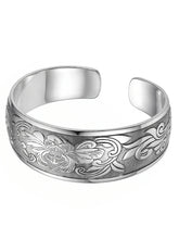 Peora Floral Oxidised Engraved Cuff Kada - Silver