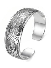 Peora Floral Oxidised Engraved Cuff Kada - Silver