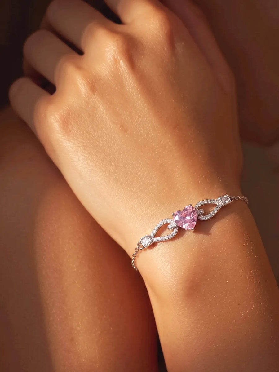 Peora Pink Crystal Heart Charm Bracelet - Silver