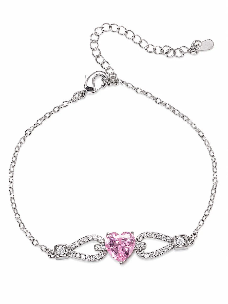 Peora Pink Crystal Heart Charm Bracelet - Silver