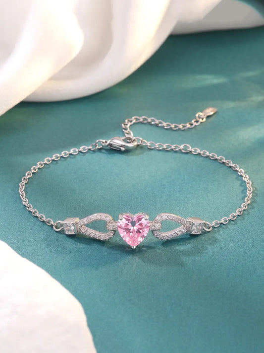 Peora Pink Crystal Heart Charm Bracelet - Silver