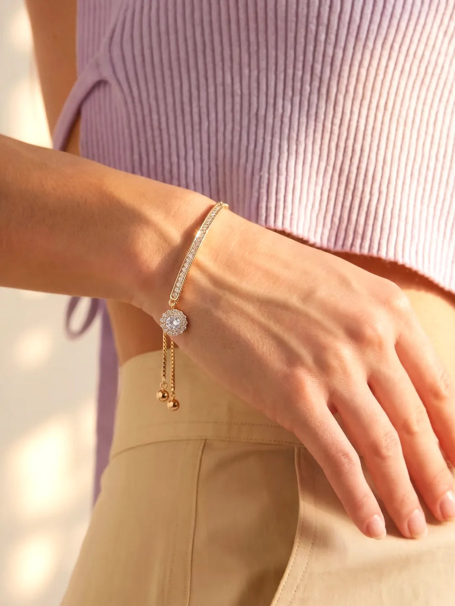 Peora Solitaire Sparkle Crystal Bracelet - Gold
