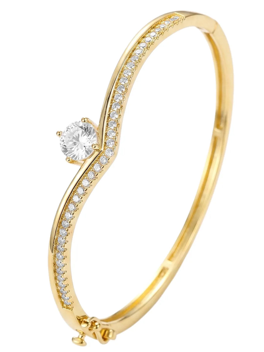 Peora Solitaire Wave Crystal Bangle - Gold