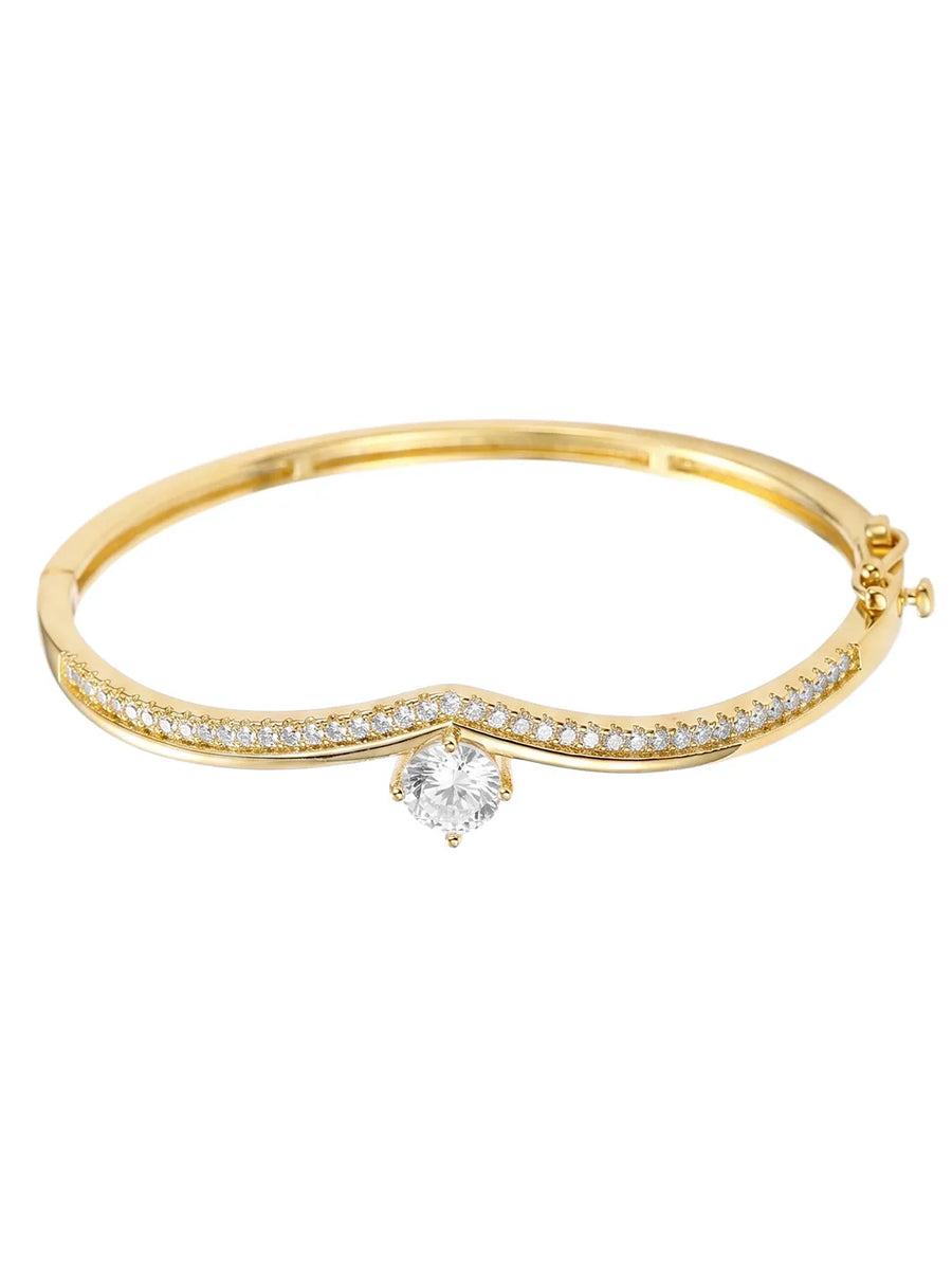 Peora Solitaire Wave Crystal Bangle - Gold