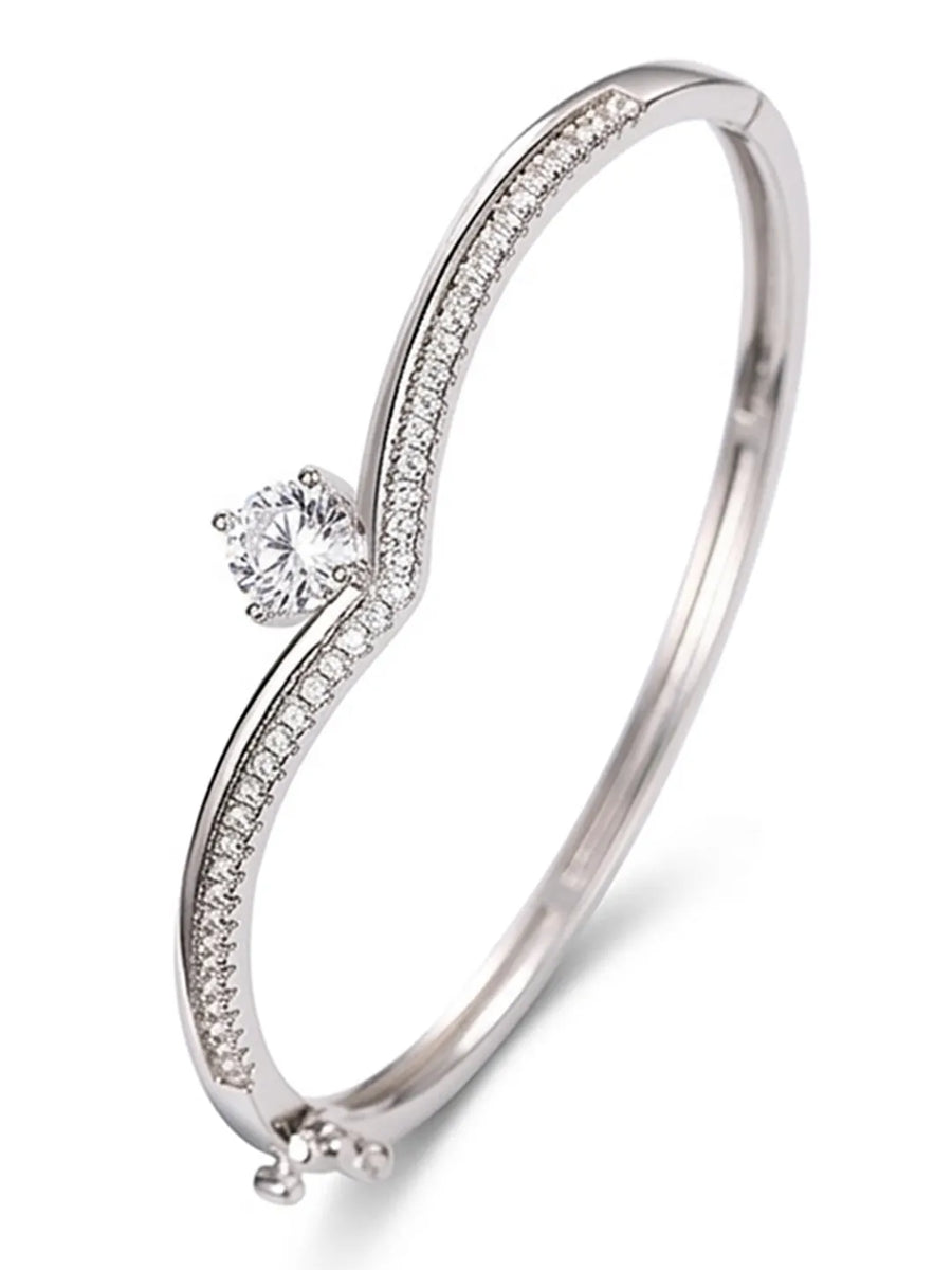 Peora Solitaire Wave Crystal Bangle - Silver
