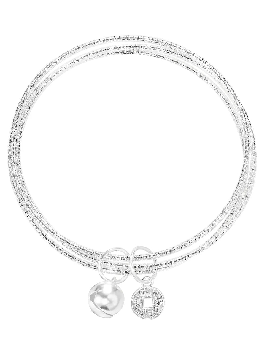 Rhodium Plated Coin Bell Charm Bracelet