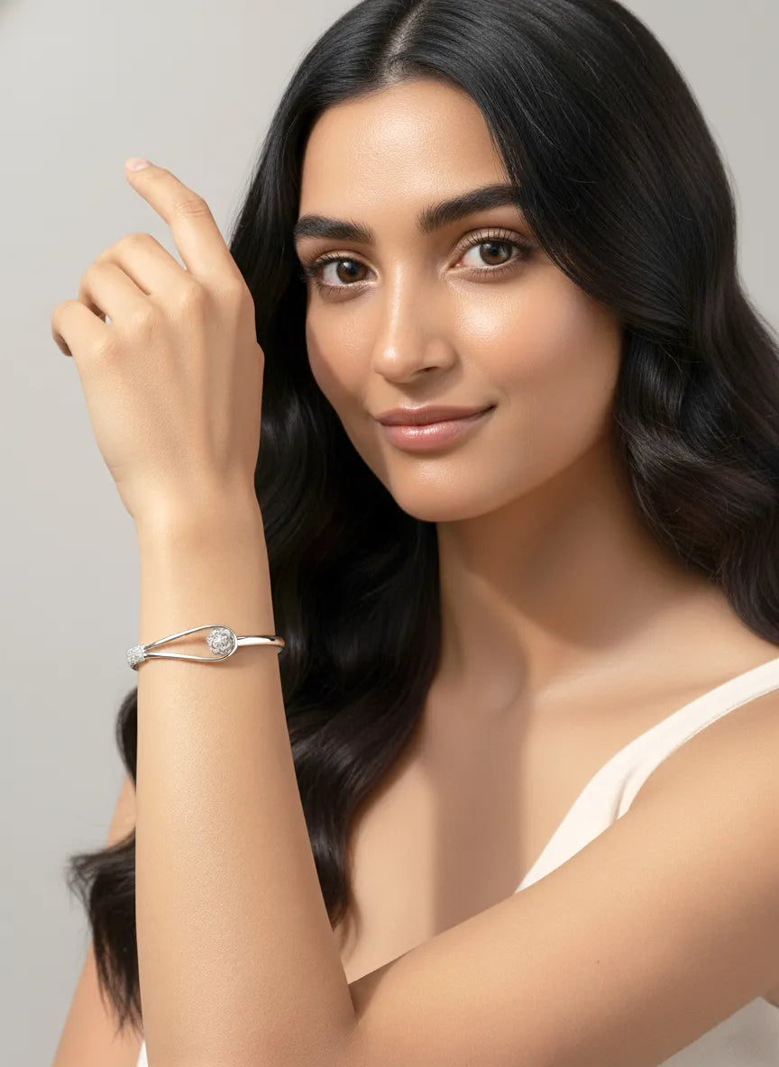 Minimal Modern Halo CZ Silver Cuff Bracelet