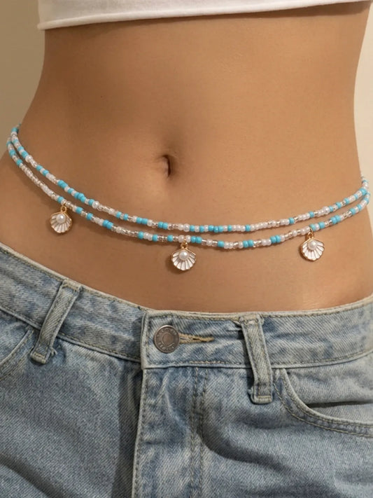 Peora Blue Beaded Double Layer Belly Chain