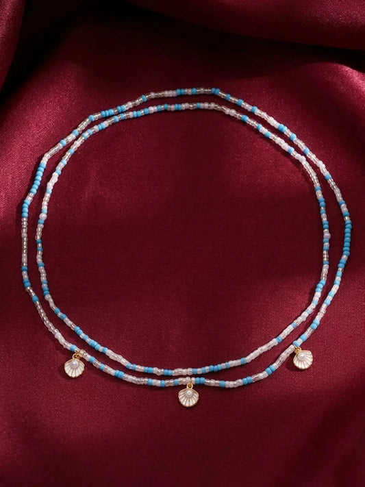 Peora Blue Beaded Double Layer Belly Chain