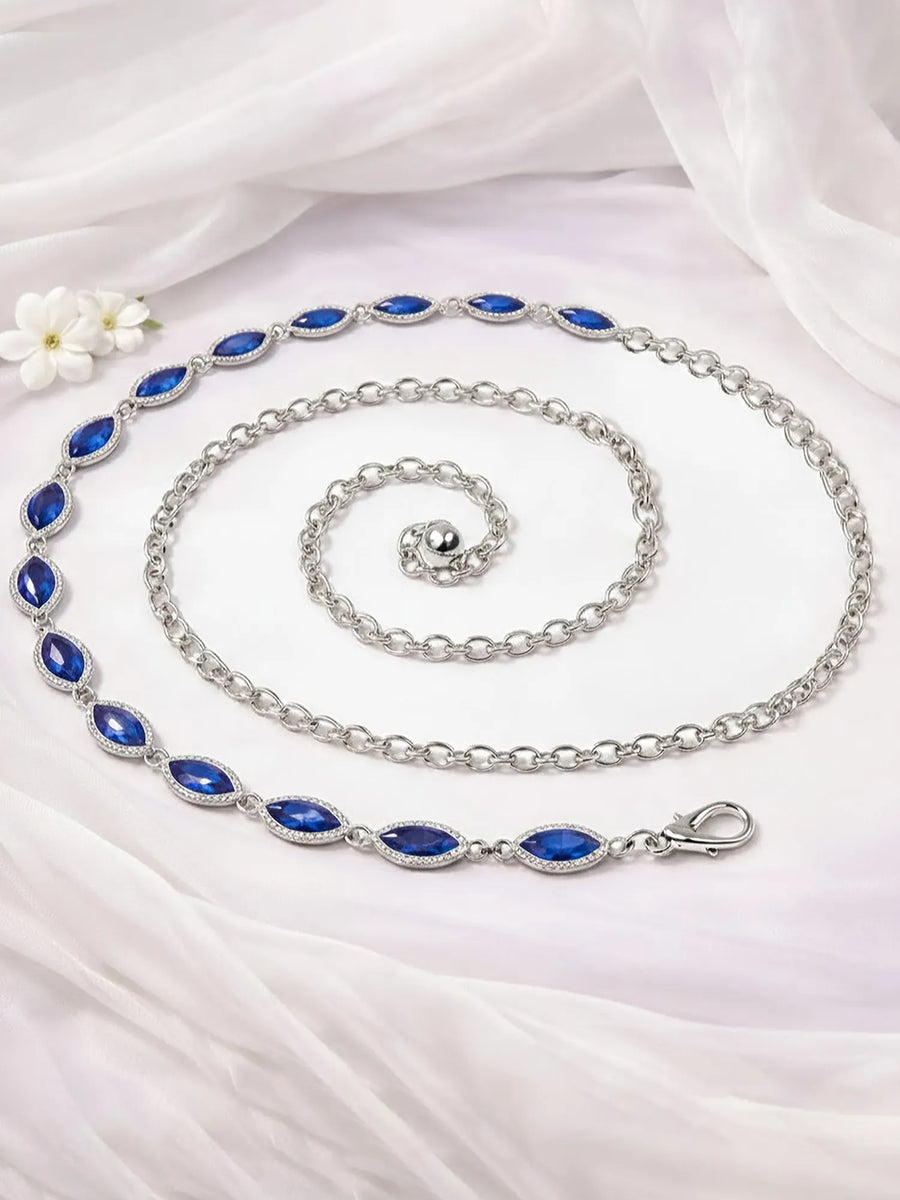 Peora CZ Delicate Halo Blue Silver Waist Chain