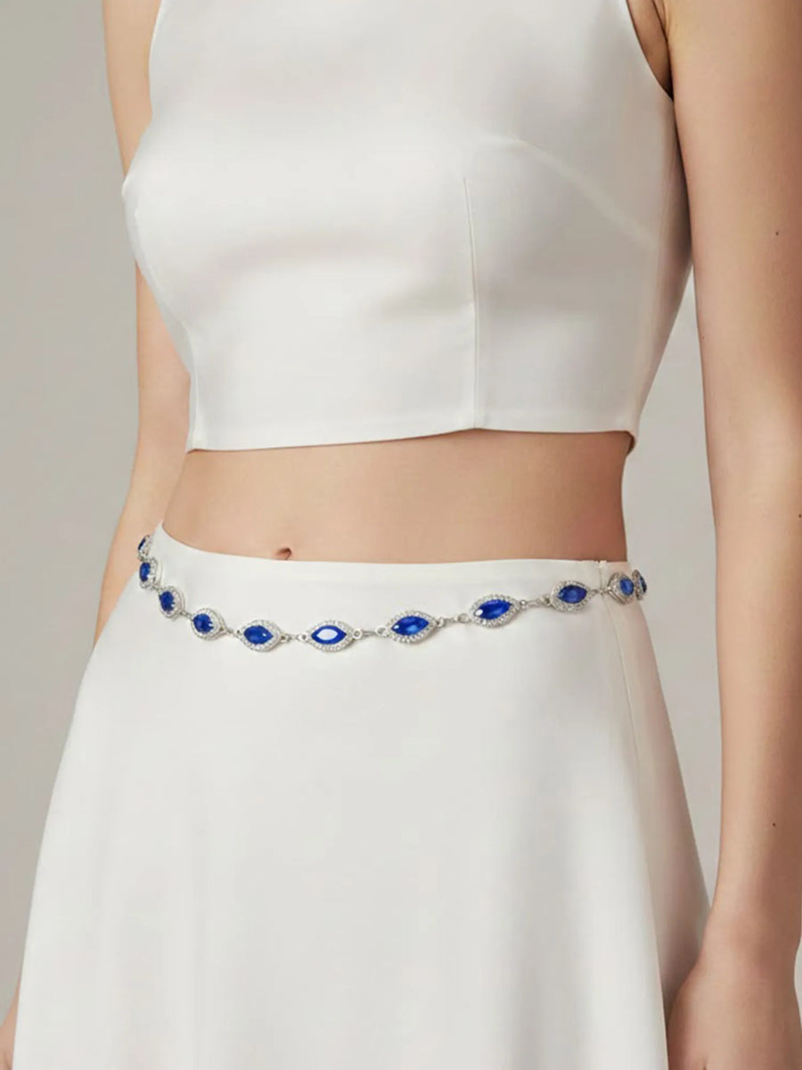Peora CZ Delicate Halo Blue Silver Waist Chain