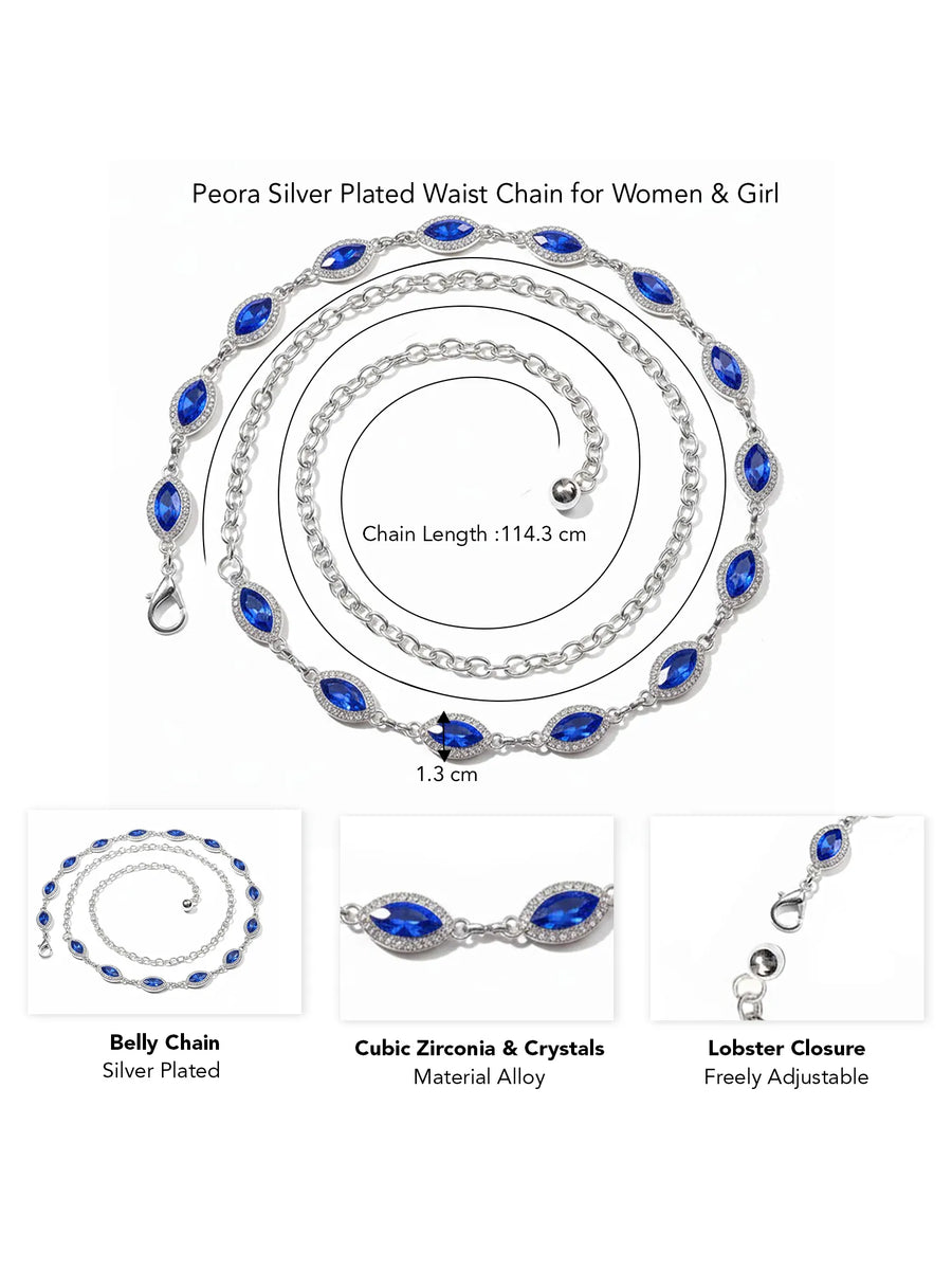 Peora CZ Delicate Halo Blue Silver Waist Chain