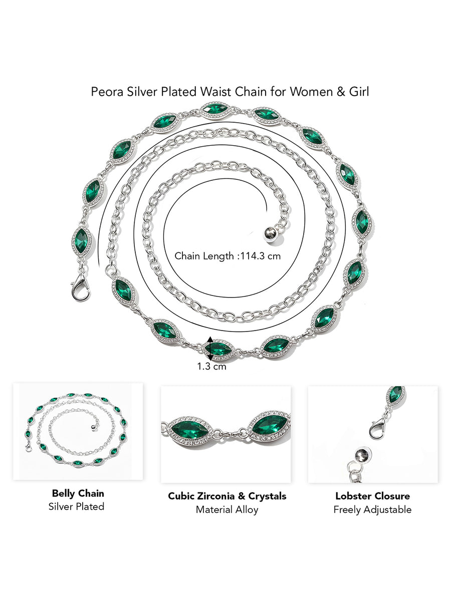 Peora CZ Delicate Halo Green Silver Waist Chain