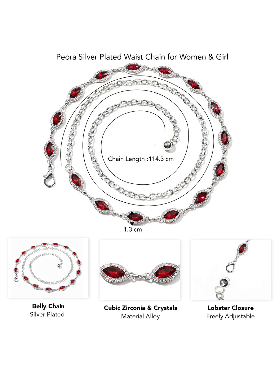 Peora CZ Delicate Halo Ruby Silver Waist Chain