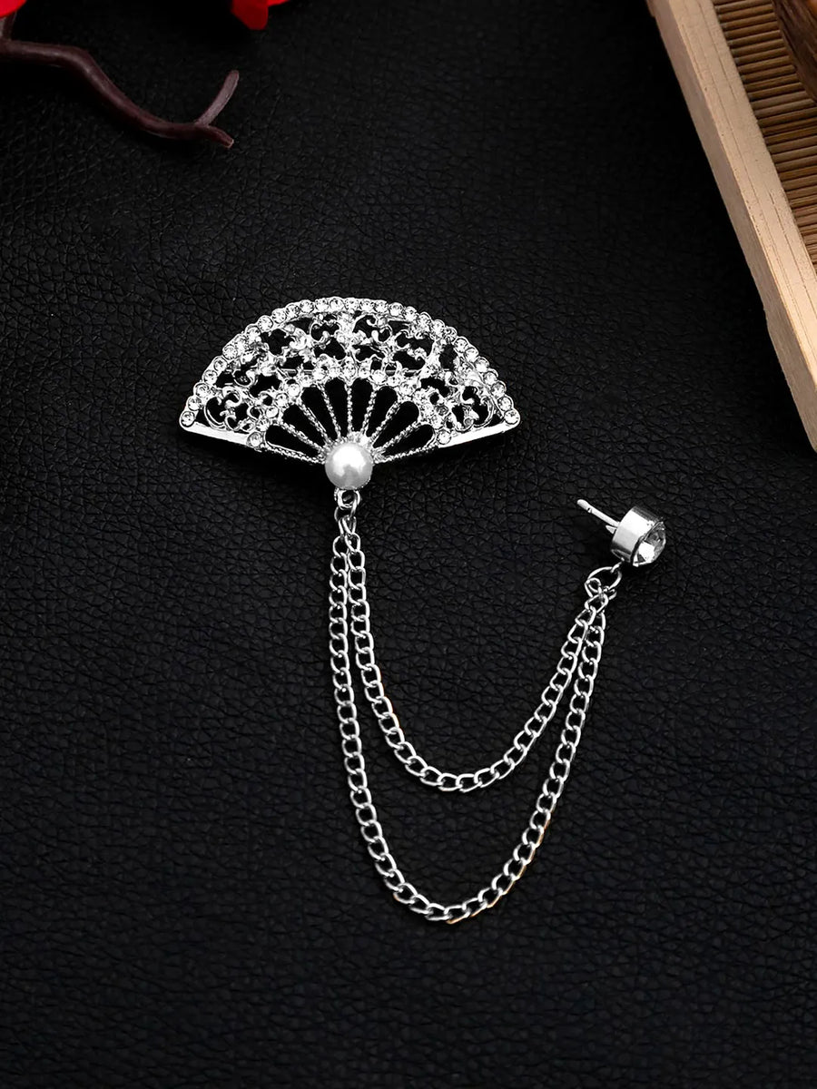 Ornate Fan Filigree CZ Chain Brooch Pin
