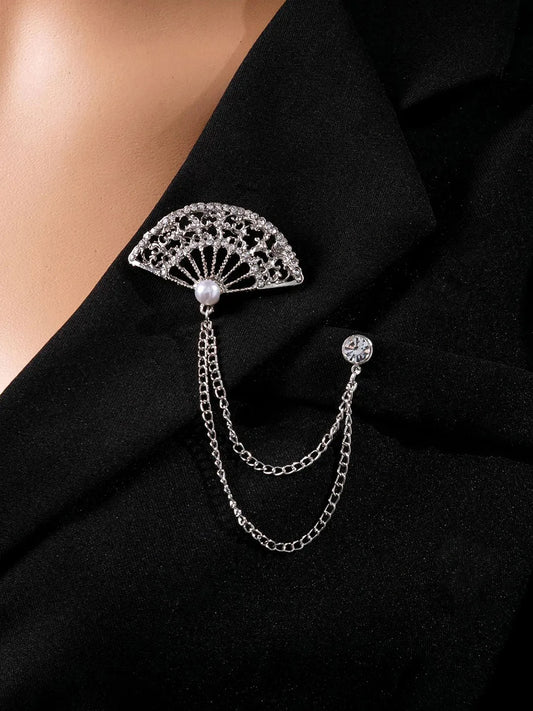 Ornate Fan Filigree CZ Chain Brooch Pin