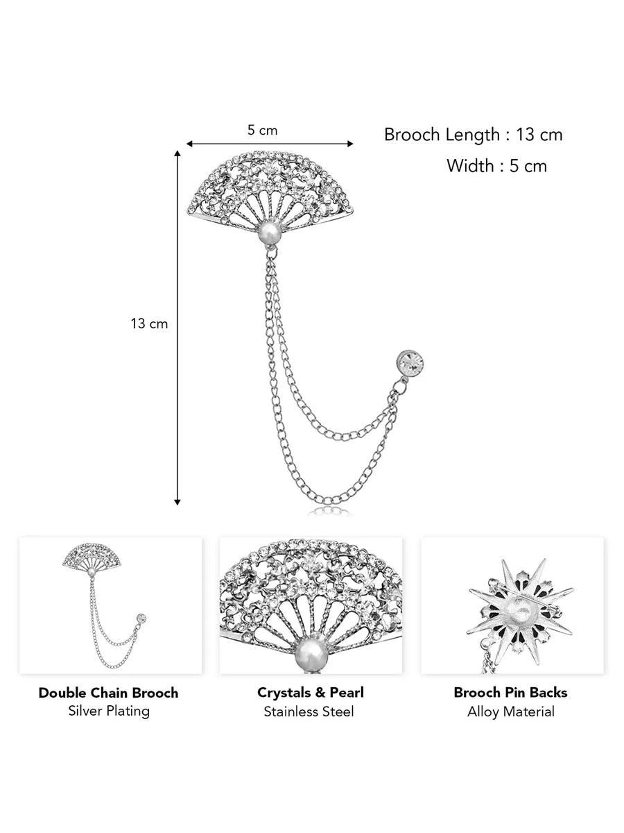 Ornate Fan Filigree CZ Chain Brooch Pin