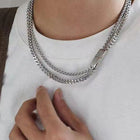 Dual Layer Cuban Chain Silver Necklace For Men