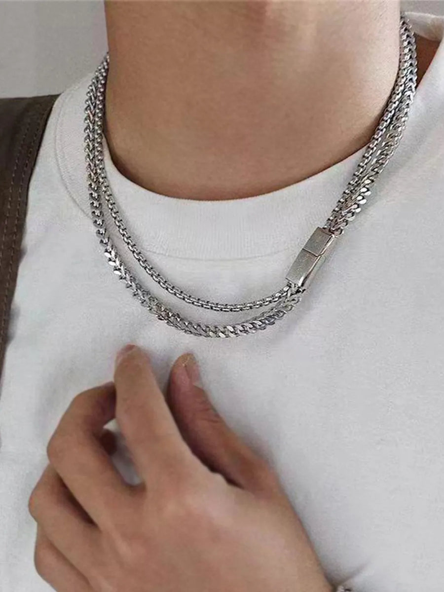 Dual Layer Cuban Chain Silver Necklace For Men