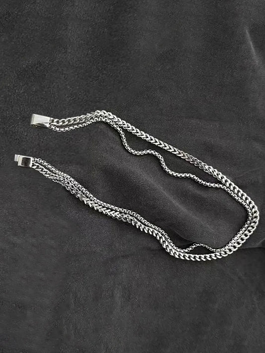 Dual Layer Cuban Chain Silver Necklace For Men