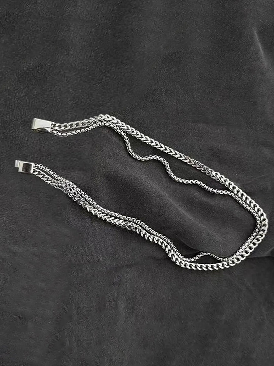 Dual Layer Cuban Chain Silver Necklace For Men