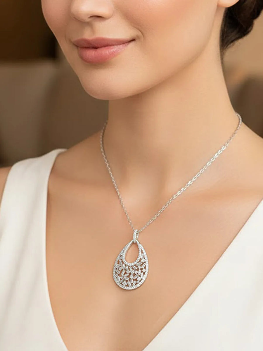 Modern Teardrop Halo Silver Pendant Necklace