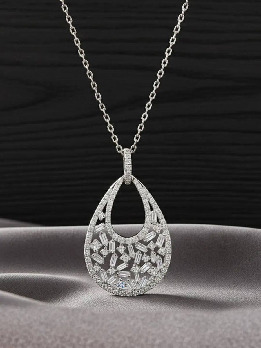 Modern Teardrop Halo Silver Pendant Necklace
