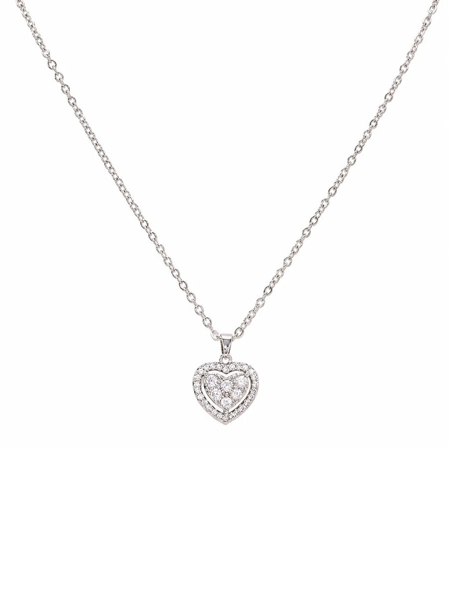 Peora Crystal Heart Pendant Necklace - Silver