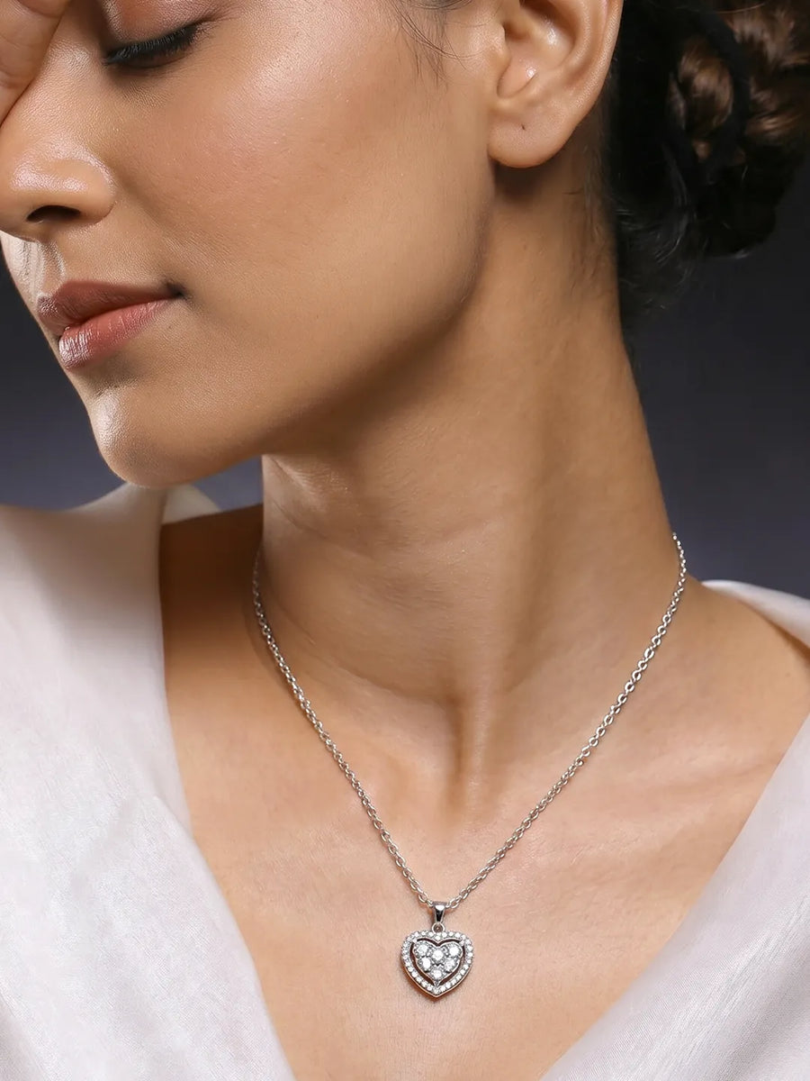 Peora Crystal Heart Pendant Necklace - Silver