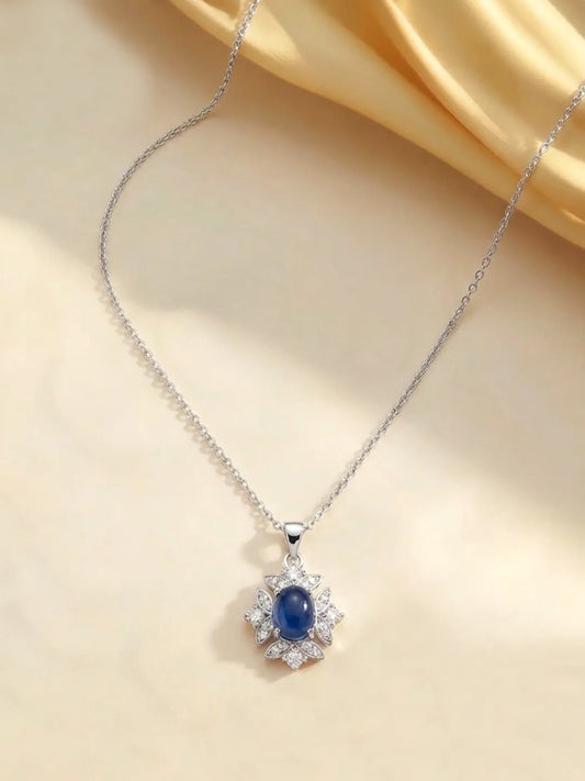 Peora Oval Blue Stone Necklace - Silver