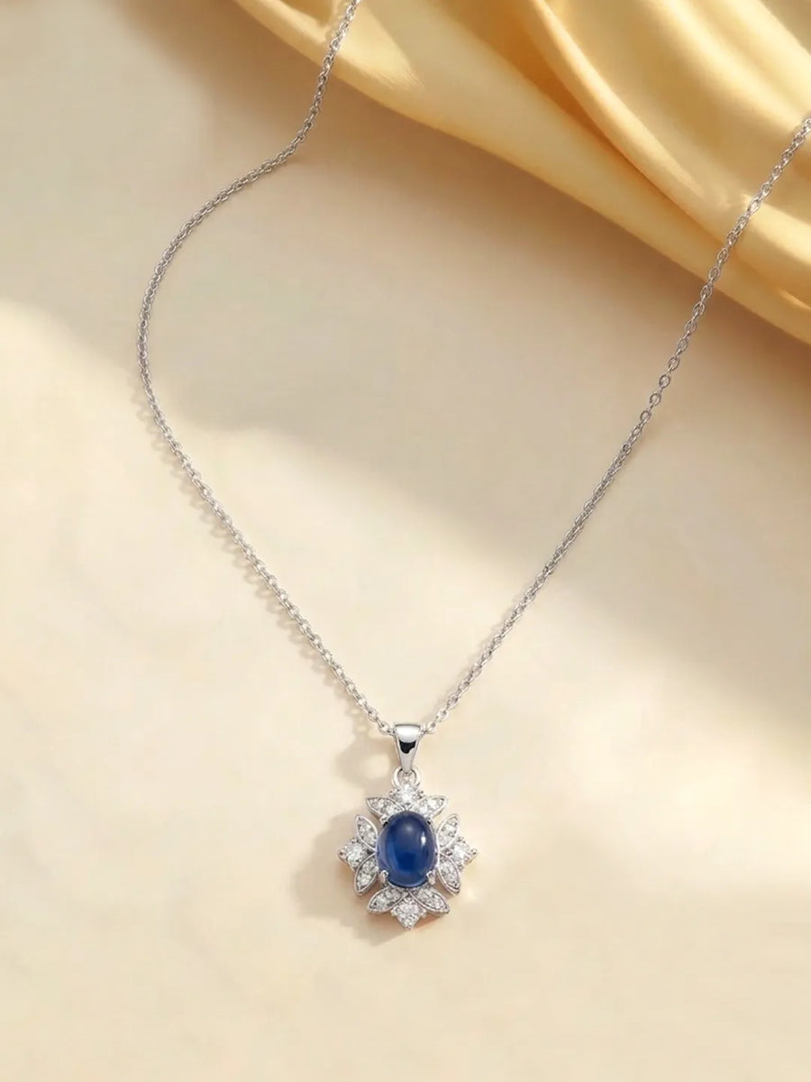 Peora Oval Blue Stone Necklace - Silver