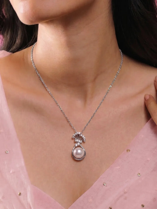 Peora Shell Pearl Drop Pendant Chain - Silver