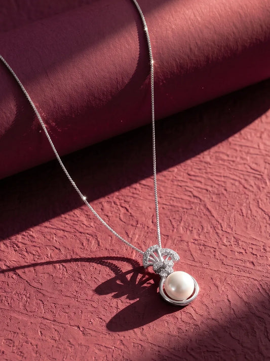 Peora Shell Pearl Drop Pendant Chain - Silver