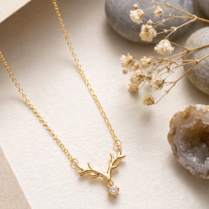 Peora Deer Horn Crystal Crown Necklace - Silver