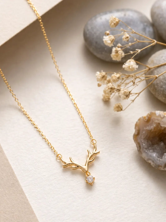 Peora Deer Horn Crystal Crown Necklace - Silver