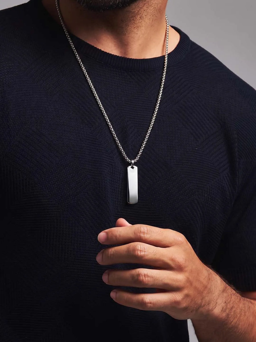Rhodium Plated Edge Bar Pendant Chain