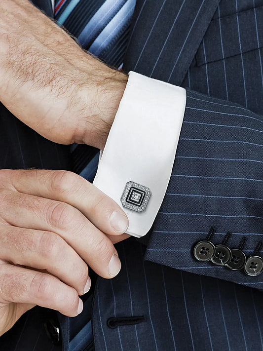 Peora Geometric Black Enamel CZ Cufflinks For Men