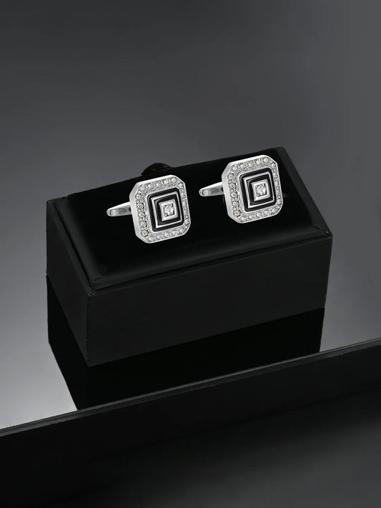 Peora Geometric Black Enamel CZ Cufflinks For Men