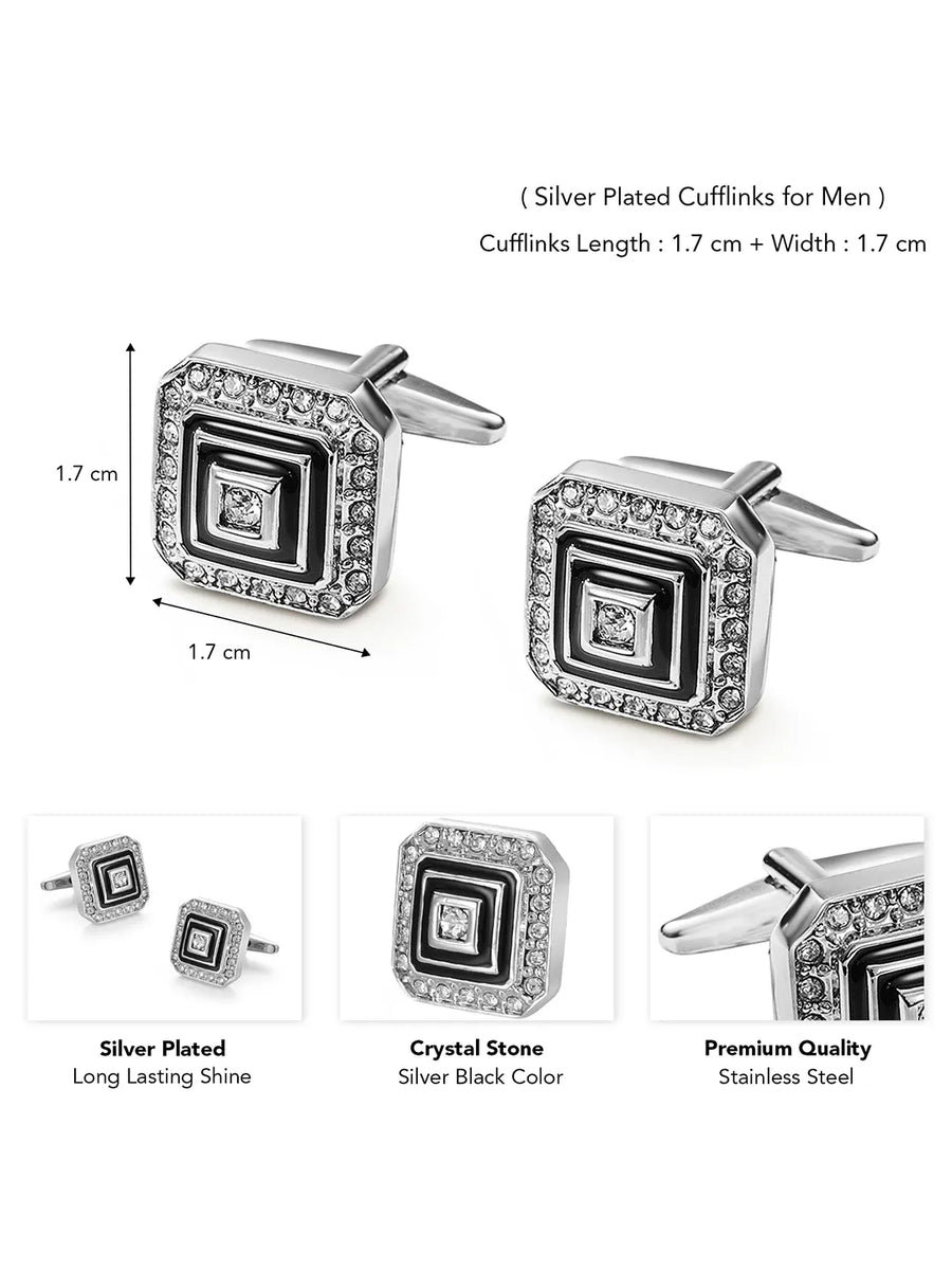 Peora Geometric Black Enamel CZ Cufflinks For Men