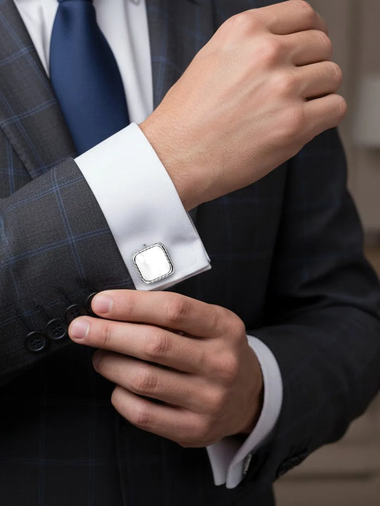 Peora Mens Silver Ivory Square Cufflinks