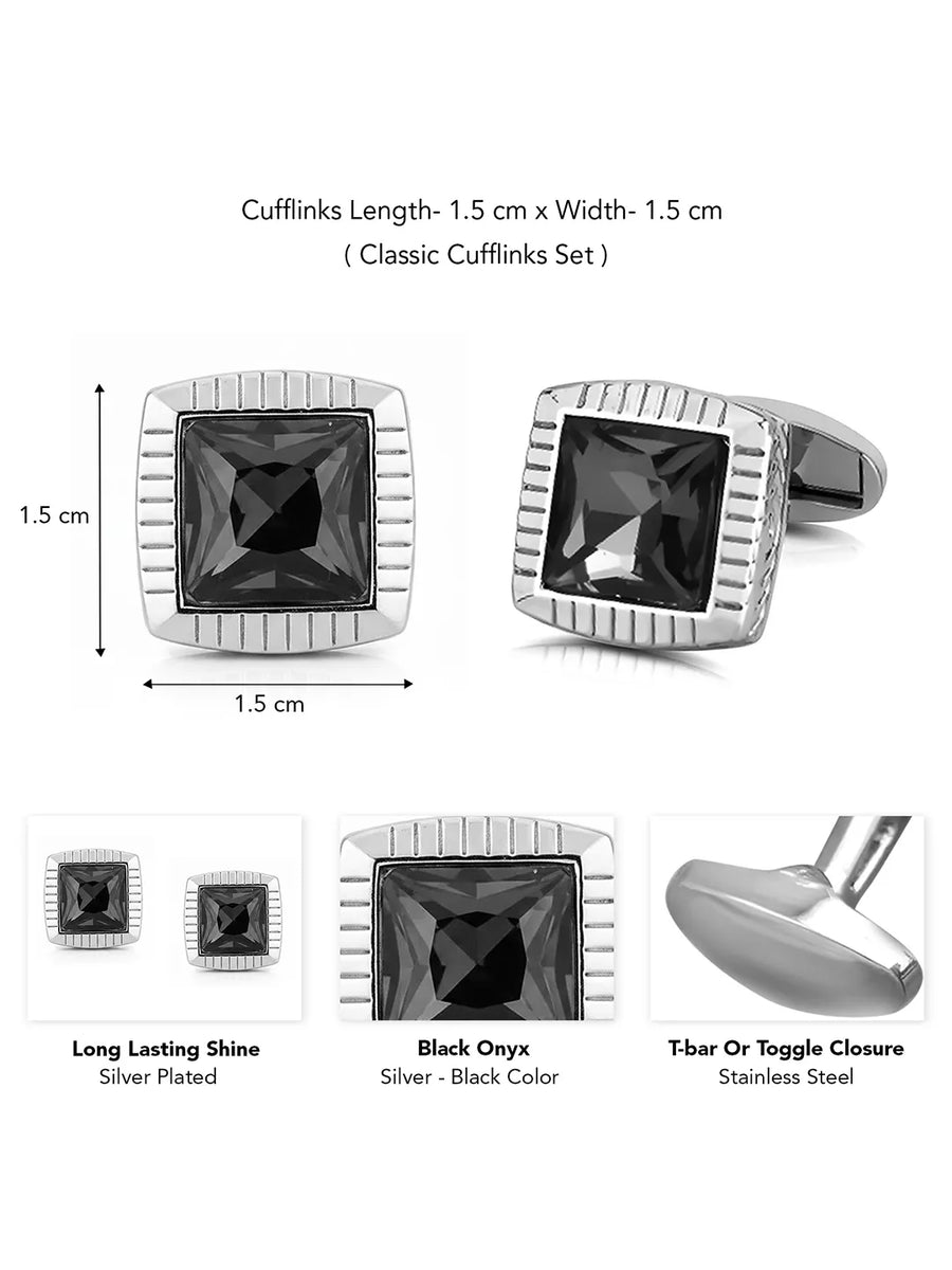 Peora Onyx Black Silver Frame Cufflinks For Men