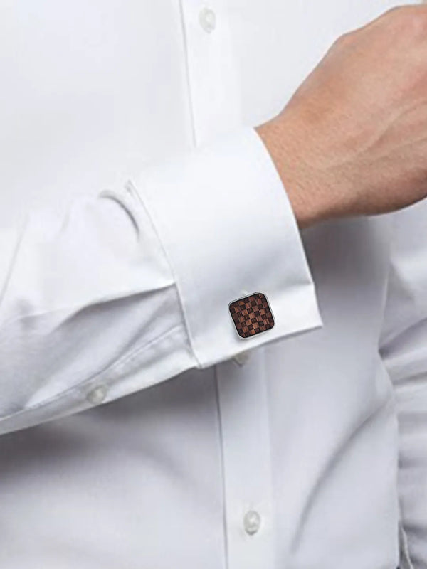 Peora Silver Wooden Checkered Cufflinks