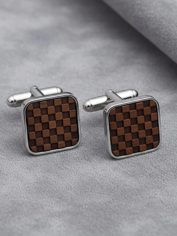 Peora Silver Wooden Checkered Cufflinks