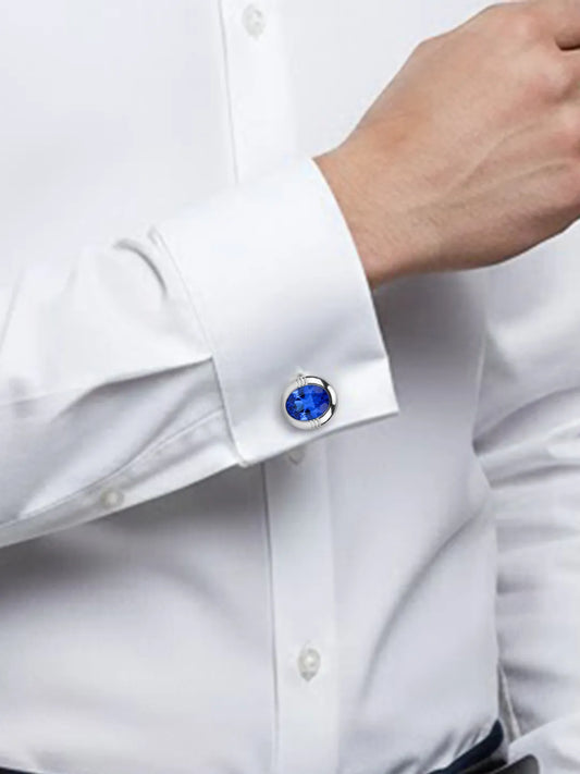 Peora Mens Silver Blue Sapphire Stone Cufflinks