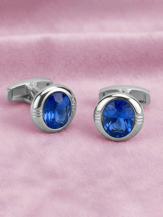 Peora Mens Silver Blue Sapphire Stone Cufflinks